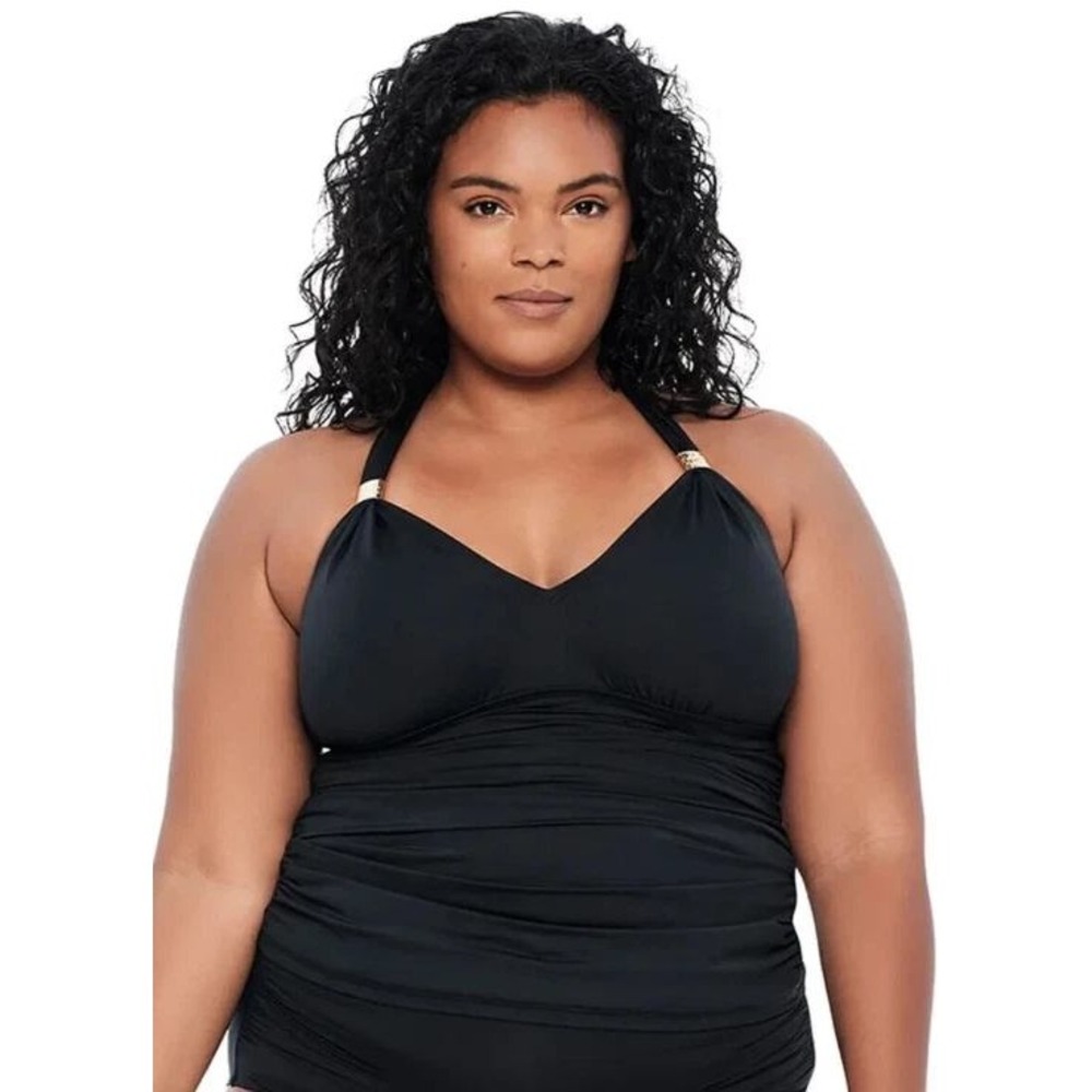 NWT Lauren Ralph Lauren Tankini Top Womens 20W Black Halter Ruched Gold Hardware